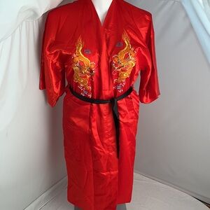 Smro brand red-orange dragon embroidered satin kimono robe L
